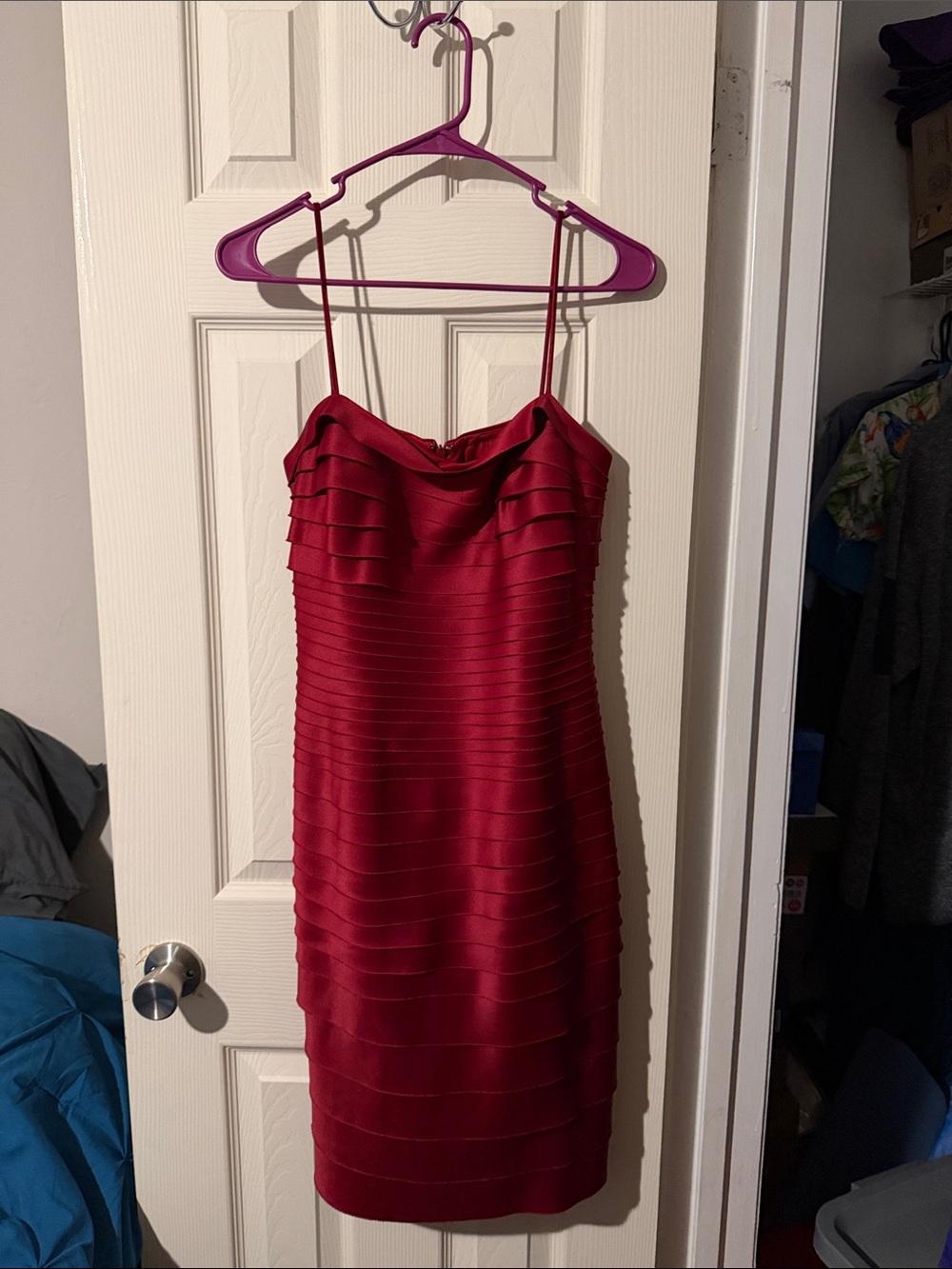 #357 JS Collections Burgundy Layered Spaghetti-Strap Mini Dress